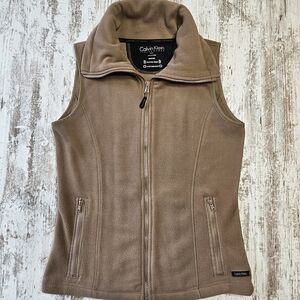 Calvin Klein Performance Womens Fleece Vest Sz Small Collared Full Zip Tan Brown